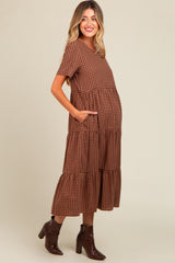 Mocha Gingham Tiered Maternity Midi Dress