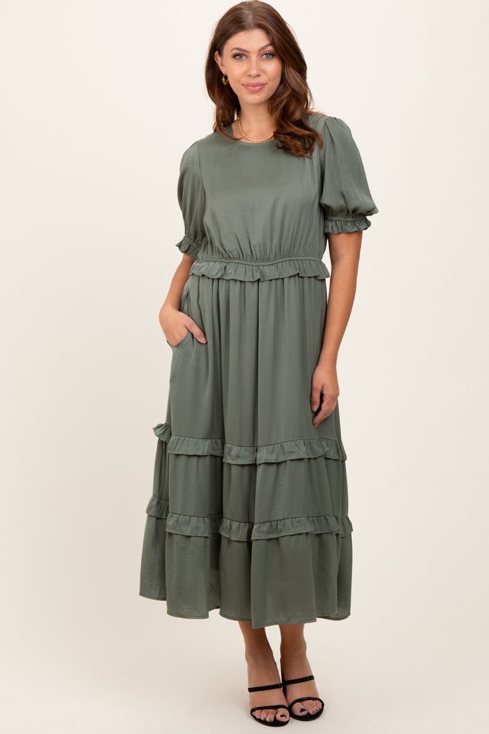 Olive Satin Ruffle Trim Maternity Midi Dress