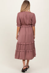 Mauve Satin Ruffle Trim Maternity Midi Dress