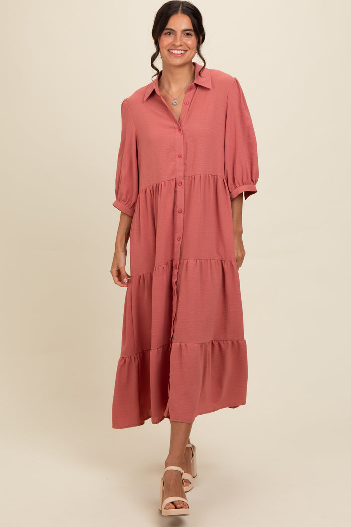 Salmon Tiered Button Down Maternity Midi Dress