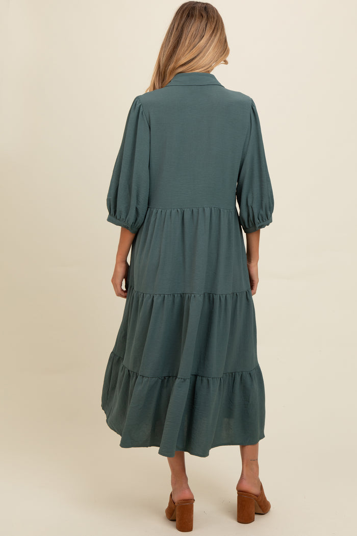 Light Olive Tiered Button Down Maternity Midi Dress