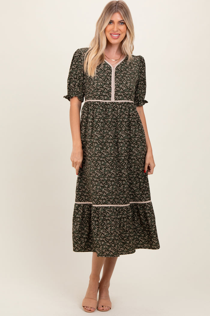 Olive Floral Puff Sleeve Ruffle Hem Midi Dress