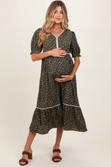 Olive Floral Puff Sleeve Ruffle Hem Maternity Midi Dress