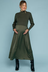 Olive Knit Contrast Top Satin Maternity Midi Dress