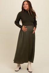 Olive Knit Contrast Top Satin Maternity Midi Dress