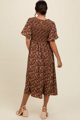 Brown Floral Smocked Midi Dress