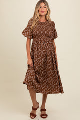 Brown Floral Smocked Maternity Midi Dress