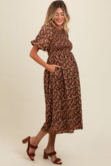 Brown Floral Smocked Maternity Midi Dress