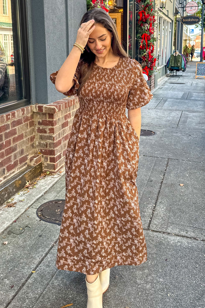 Brown Floral Smocked Midi Dress
