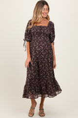 Dark Brown Floral Smocked Sleeve Tie Maternity Midi Dress