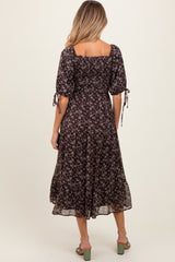 Dark Brown Floral Smocked Sleeve Tie Maternity Midi Dress