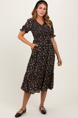 Black Floral Print Smocked Ruffle Hem Midi Dress