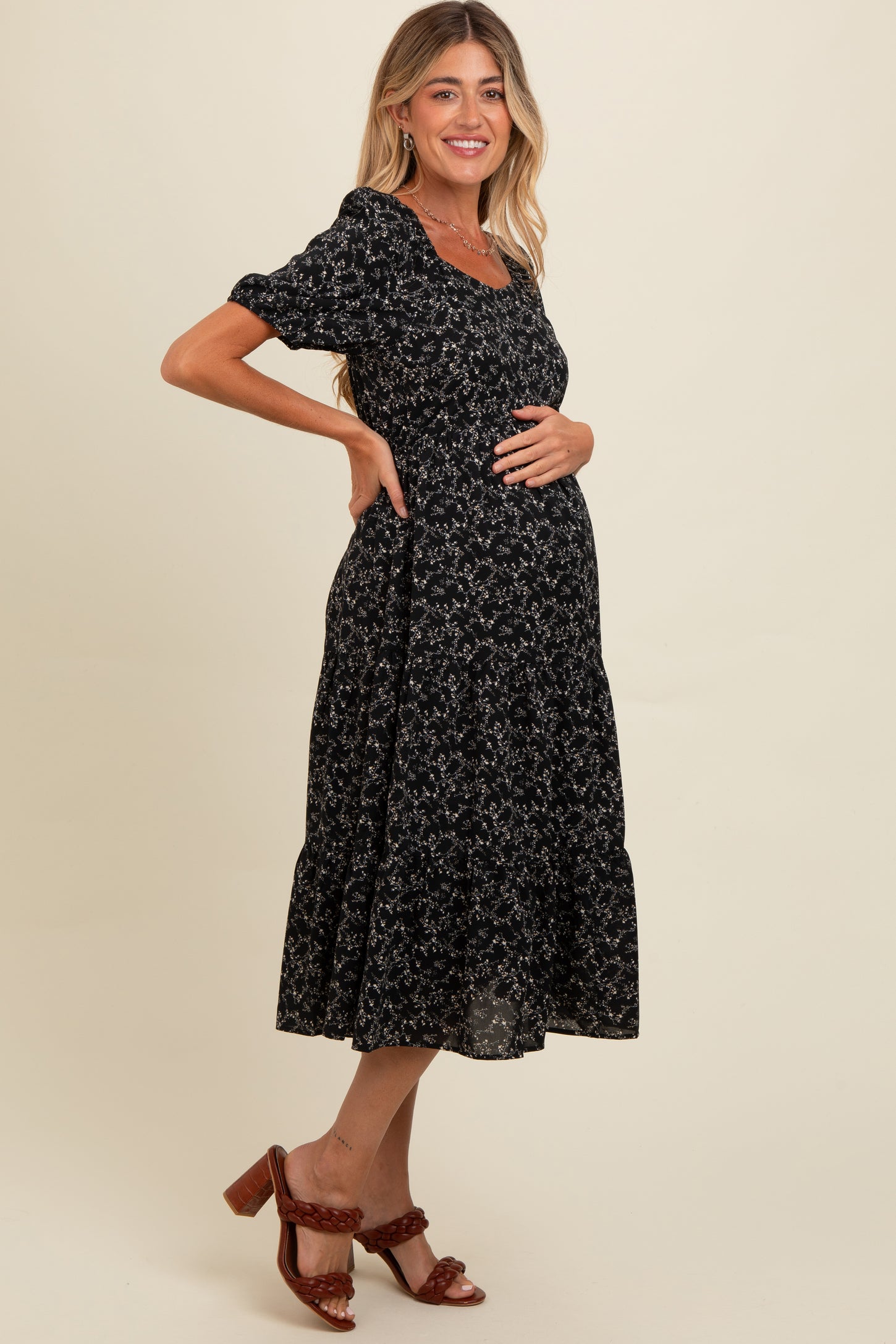 Black Micro Floral Maternity Midi Dress