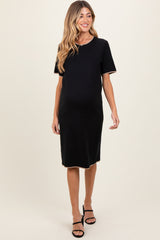 Black Knit Short Sleeve Contrast Trim Maternity Dress