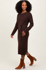 Brown Waffle Knit Sash Tie Midi Sweater Dress