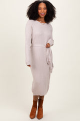 Taupe Waffle Knit Sash Tie Midi Sweater Dress