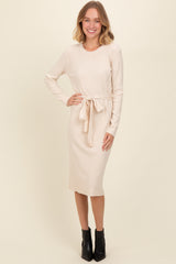 Cream Ribbed Sash Tie Midi Sweater Dress