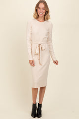 Cream Ribbed Sash Tie Midi Sweater Dress