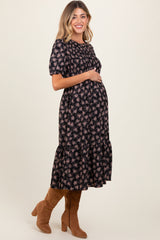 Black Floral Puff Sleeve Smocked Maternity Midi Dress