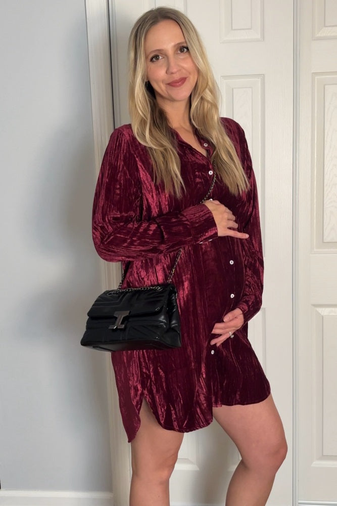 Burgundy Crinkled Velvet Button Down Maternity Shirt Dress