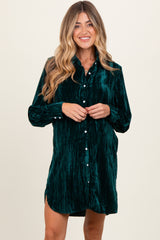 Forest Green Crinkled Velvet Button Down Maternity Shirt Dress