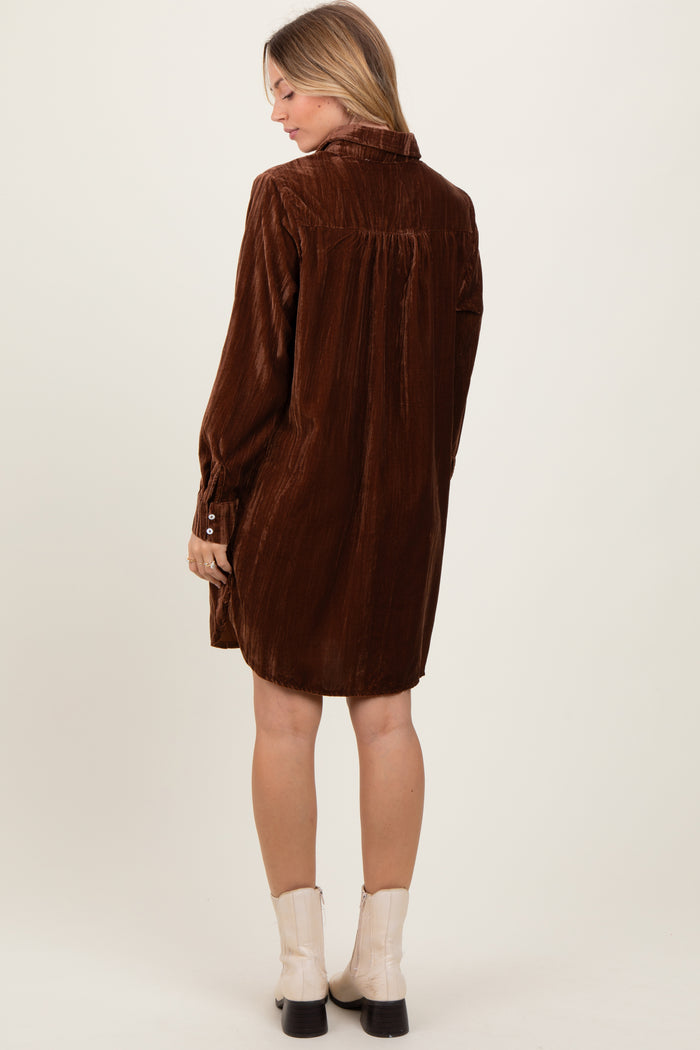 Brown Crinkled Velvet Button Down Shirt Dress