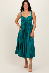 Teal Satin Pleated Sweetheart Midi Dress