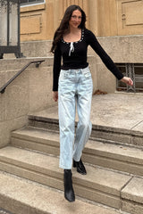 Black White Super Soft Contrast Stitch Square Neck Rib Sweater