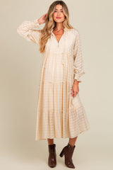 Cream Striped Front Tassel Tie Tiered Maternity Midi Dress