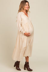 Cream Striped Front Tassel Tie Tiered Maternity Midi Dress