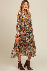 Black Floral Chiffon Front Tassel Tie Maternity Midi Dress