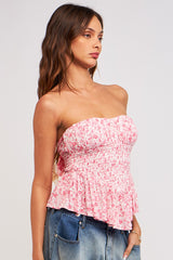 Pink Floral Smocked High-Low Ruffle Tube Top