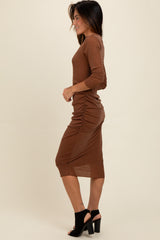 Brown Shimmer Mesh Long Sleeve Ruched Midi Dress