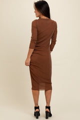 Brown Shimmer Mesh Long Sleeve Ruched Midi Dress