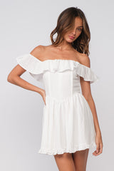 White Ruffle Off Shoulder Drop-Waist Mini Dress