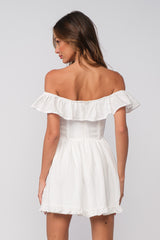 White Ruffle Off Shoulder Drop-Waist Mini Dress