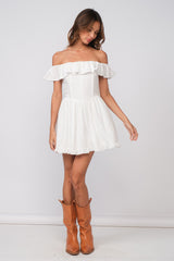 White Ruffle Off Shoulder Drop-Waist Mini Dress