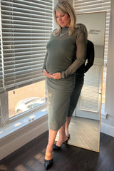 Olive Shimmer Mesh Long Sleeve Ruched Maternity Midi Dress