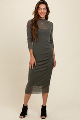 Olive Shimmer Mesh Long Sleeve Ruched Maternity Midi Dress