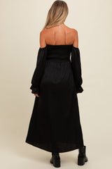 Black Off Shoulder Satin Pleated Bodice Maternity Maxi Dress