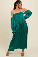 Emerald Green Off Shoulder Satin Pleated Bodice Maxi Dress