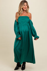 Emerald Green Off Shoulder Satin Pleated Bodice Maternity Maxi Dress