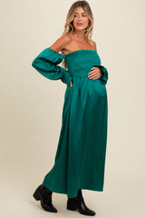 Emerald Green Off Shoulder Satin Pleated Bodice Maternity Maxi Dress