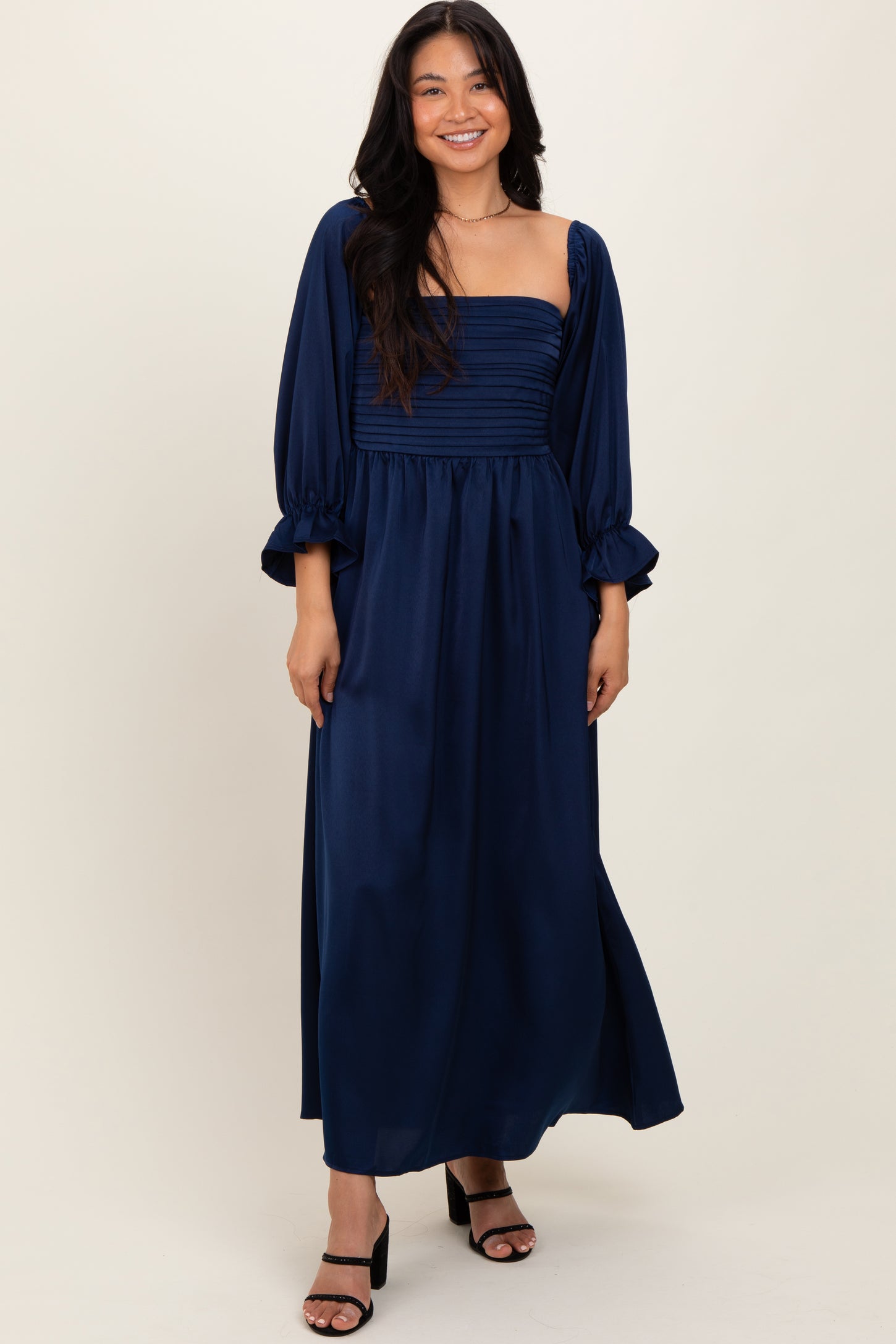 Navy Off Shoulder Satin Pleated Bodice Maternity Maxi Dress