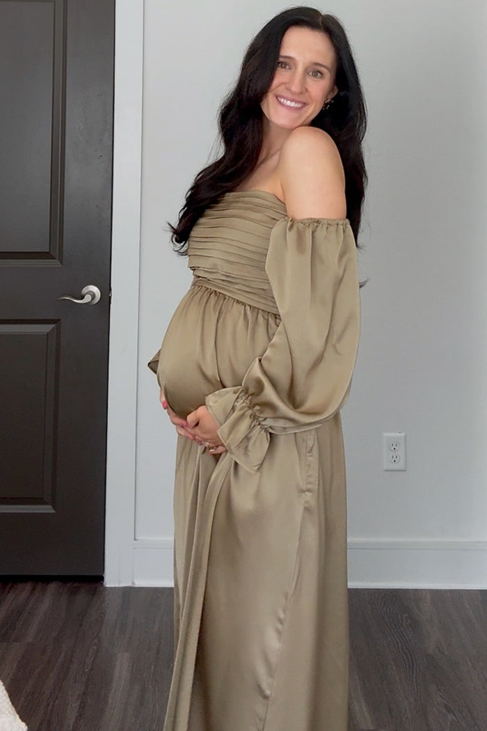 Olive Off Shoulder Satin Pleated Bodice Maternity Maxi Dress
