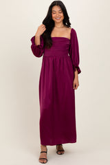 Burgundy Off Shoulder Satin Pleated Bodice Maxi Dress