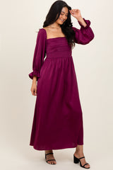 Burgundy Off Shoulder Satin Pleated Bodice Maxi Dress