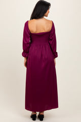 Burgundy Off Shoulder Satin Pleated Bodice Maxi Dress