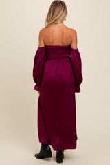 Burgundy Off Shoulder Satin Pleated Bodice Maternity Maxi Dress