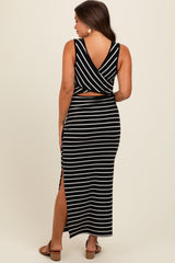 Black Striped Ribbed Open Back Maternity Maxi Dress